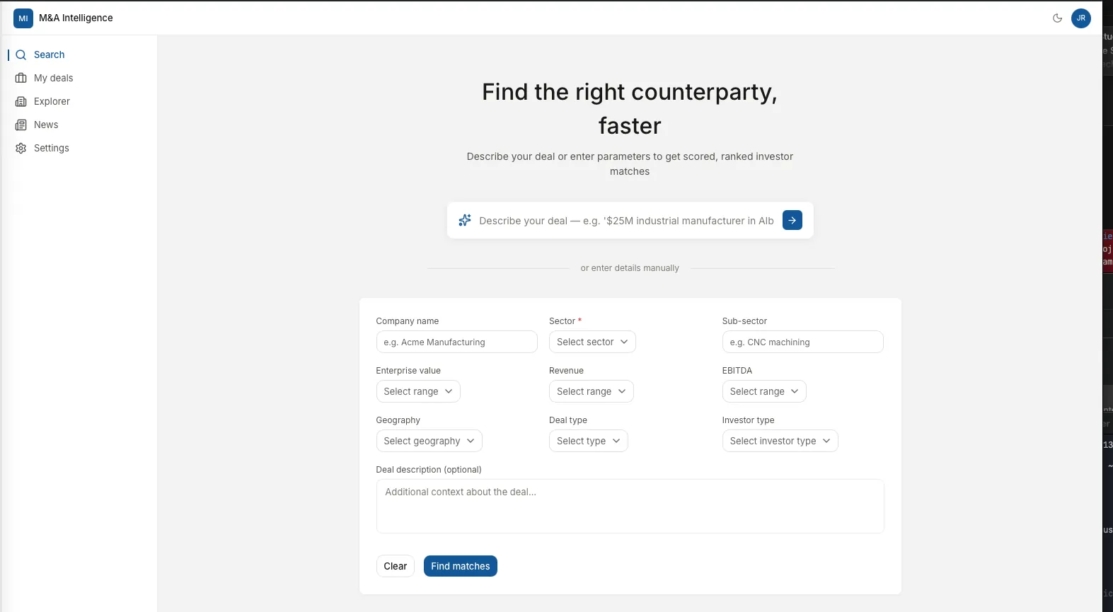 M&A Intelligence search interface with natural language query bar and advanced filter fields for company name, sector, revenue, geography, and deal type