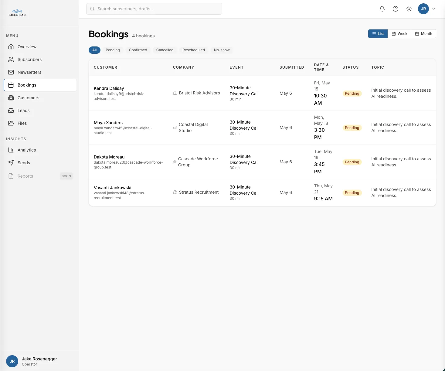 Bookings dashboard showing calendar view with event types, availability rules, and confirmed bookings