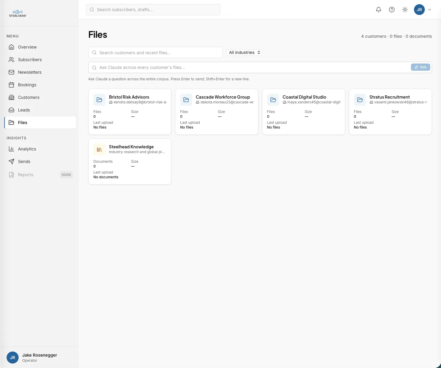 Files dashboard surface showing per-customer files alongside a separate Steelhead Knowledge corpus of industry research
