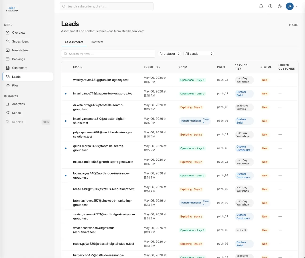 Leads dashboard surface showing assessment submissions and contact form entries with dimension scores and band tiers