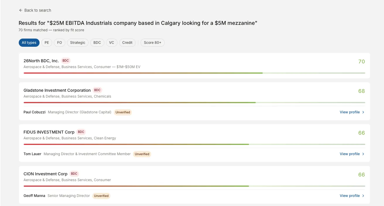 Search form populated with example parameters for a $25M industrial manufacturing acquisition search