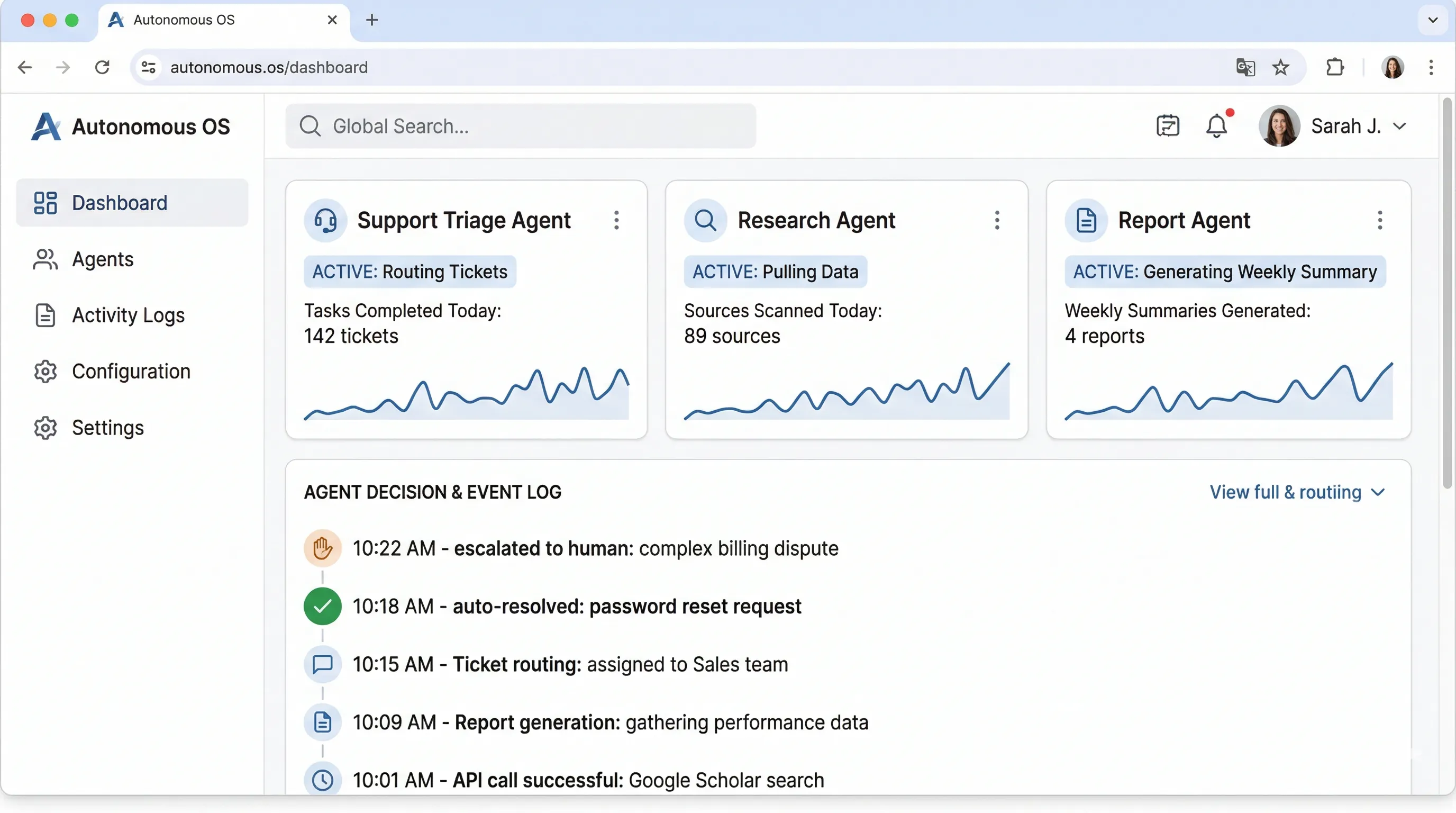 AI agent dashboard monitoring autonomous support triage, research, and report generation agents with decision logs