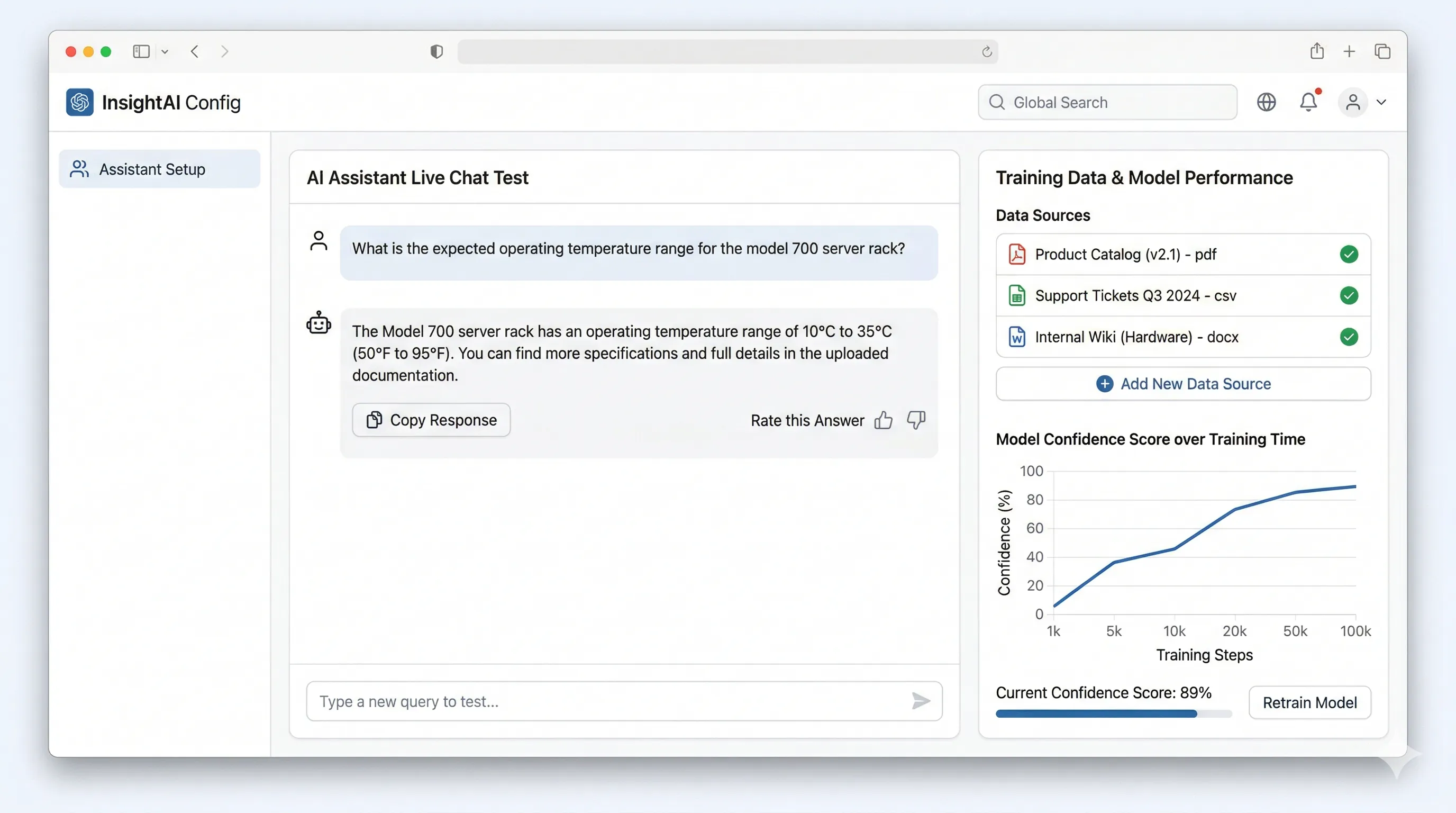Custom AI assistant configuration showing live chat testing and model training data with confidence scoring