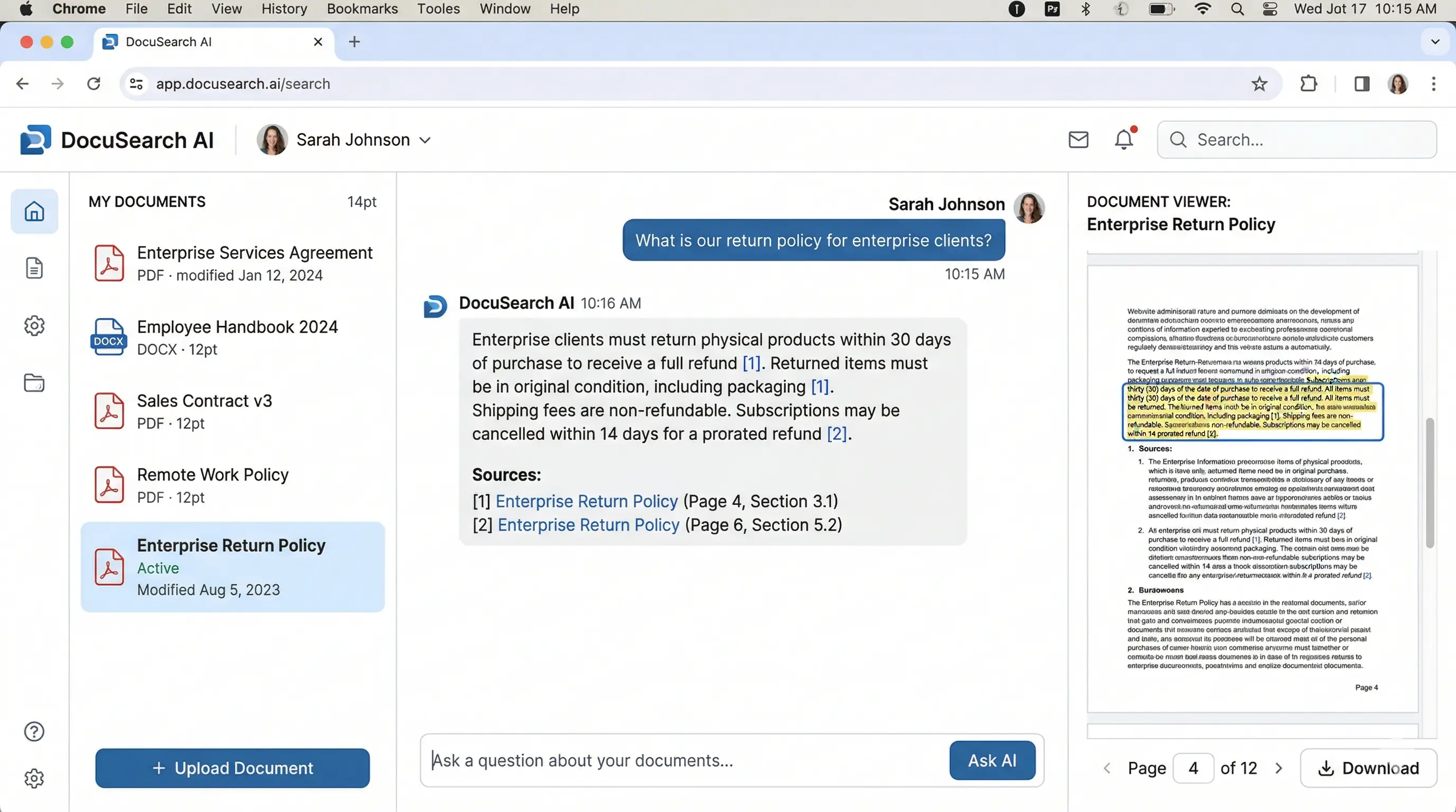 AI-powered document search interface showing instant answers with source citations from company documents