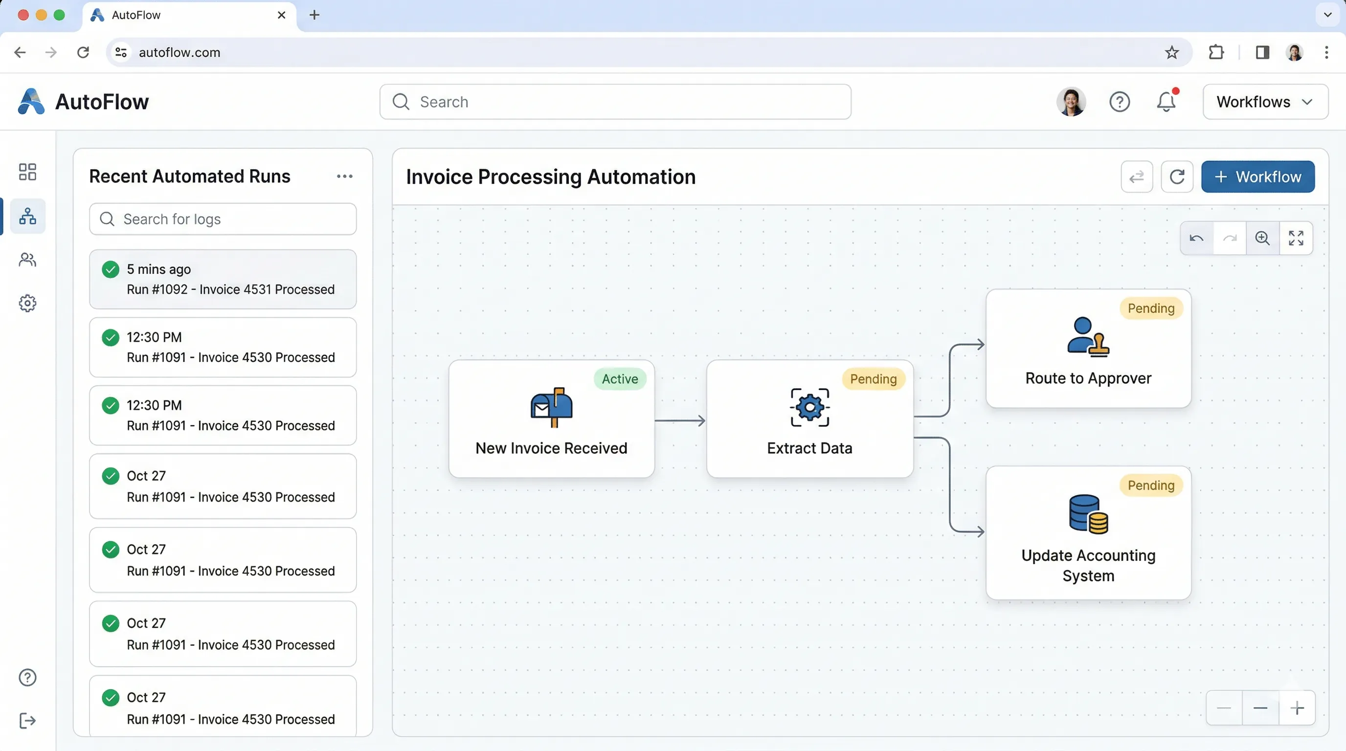 Visual workflow automation builder showing invoice processing pipeline with connected nodes and run history