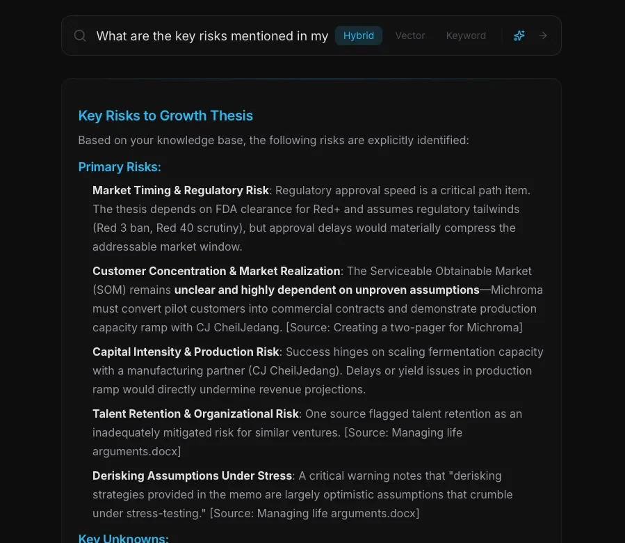 Knowledge graph answering a question about key risks in an investment thesis, with the source document cited for each risk