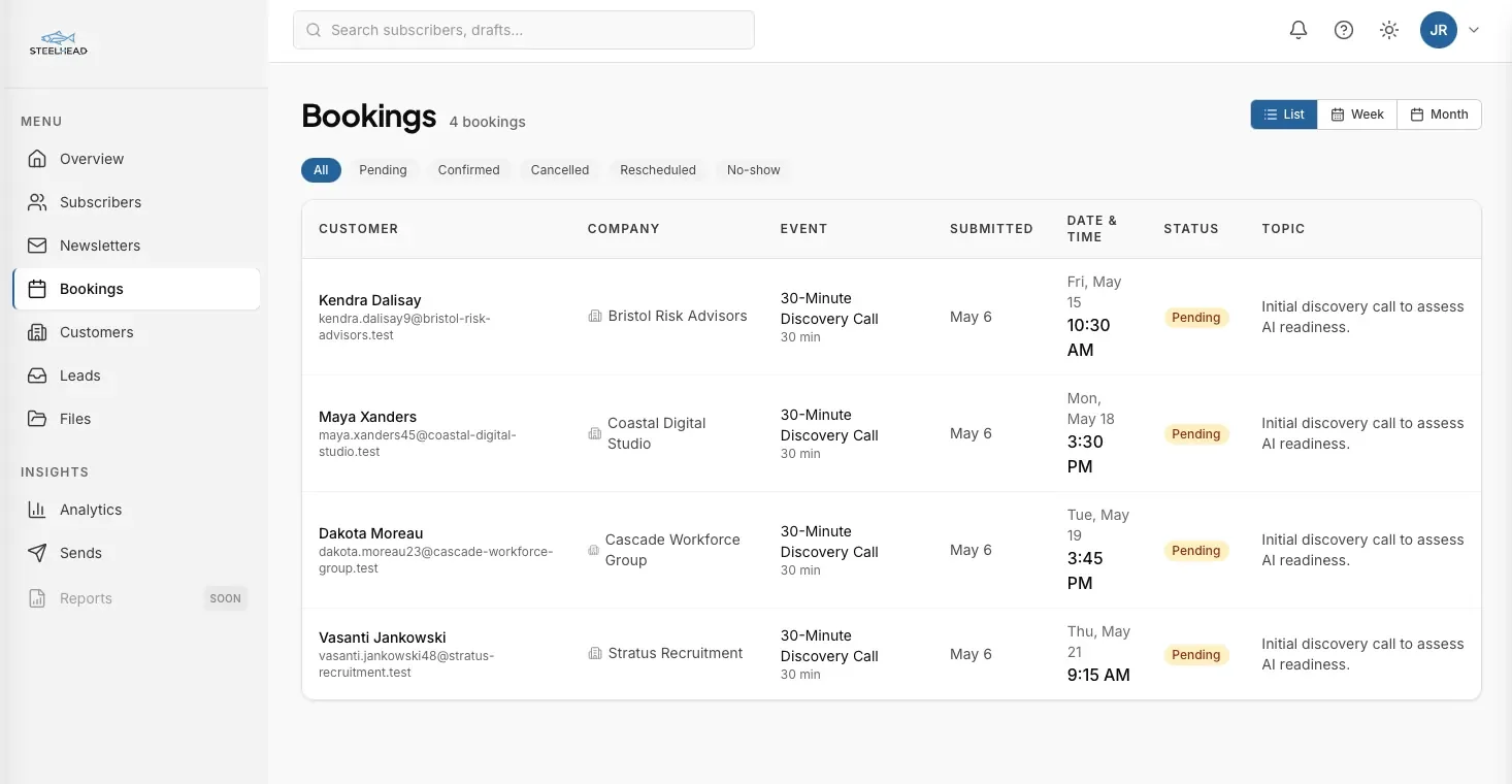 Steelhead Ops bookings view listing discovery calls with customer, company, date, and status